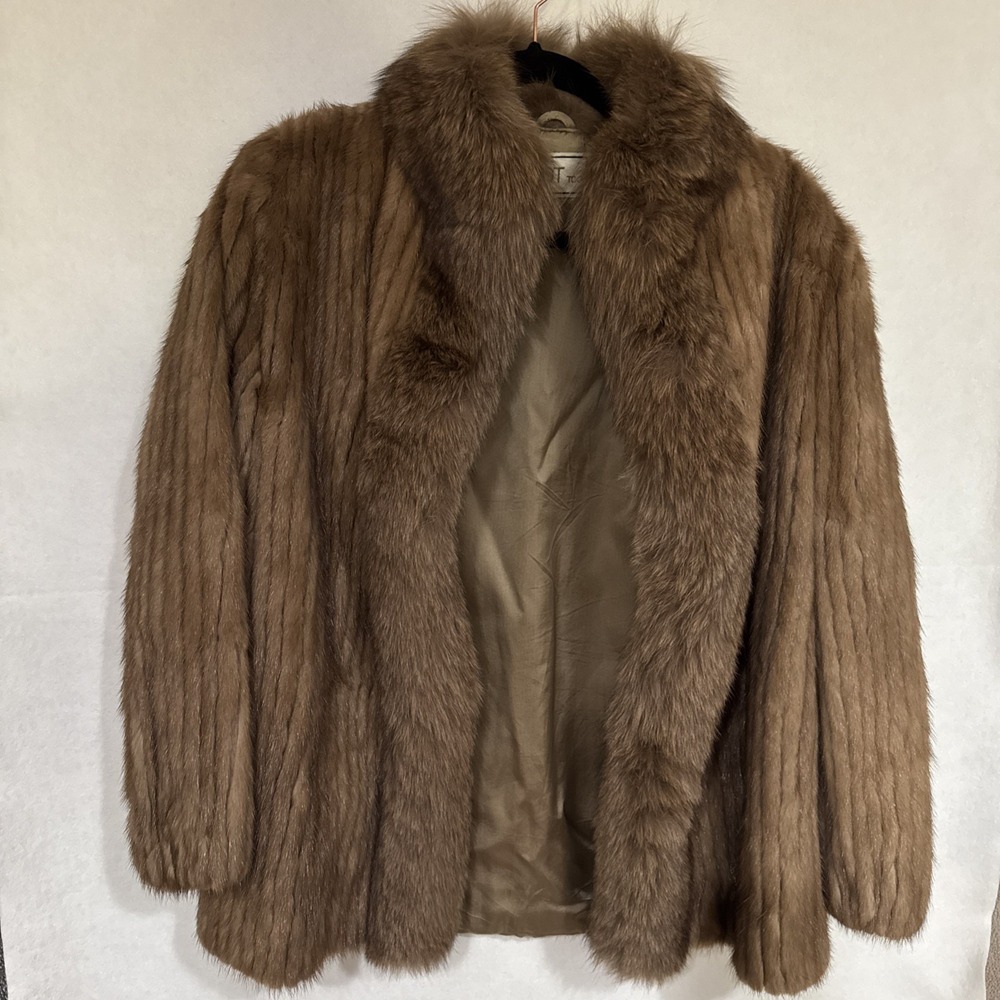 Vintage 1980's GDT TOO Brown Ribbed Mink Fur Coat & Fox Tail Trim Size M